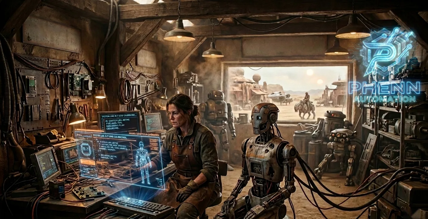 The Phenn Automation workshop — droids on the bench, twin suns out the window